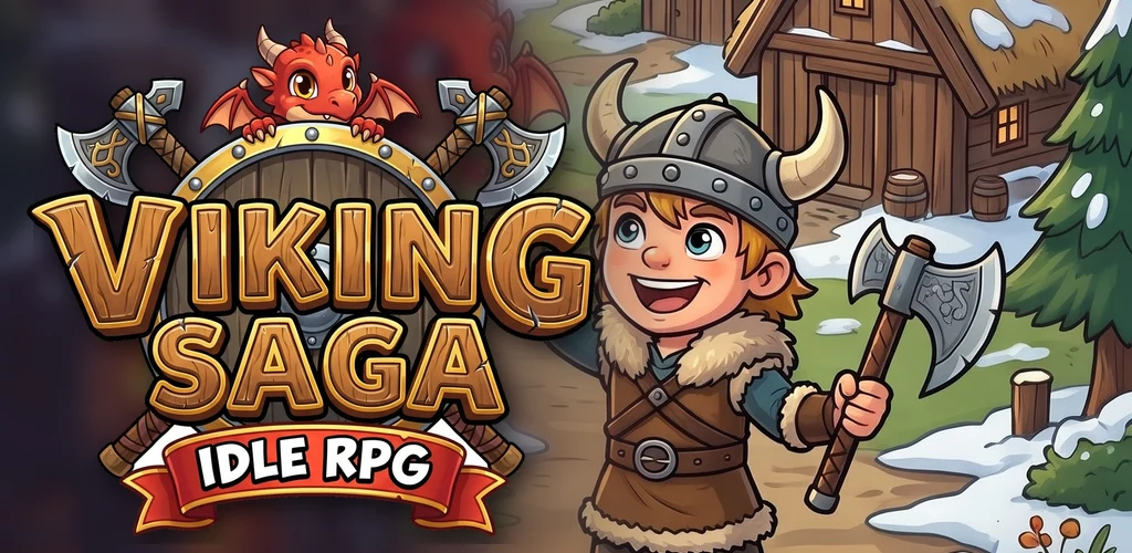 Viking Saga Idle RPG: a young Viking with an axe next to the game's logo and a little red dragon
