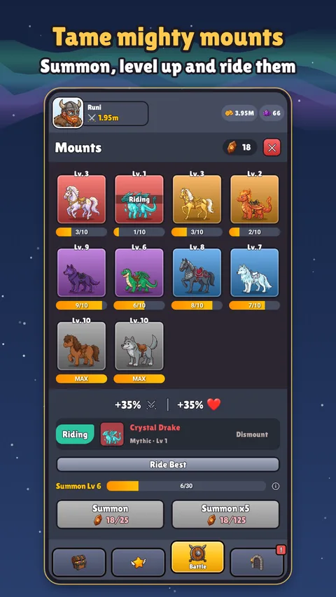 Tame mighty mounts: summon, level up and ride them