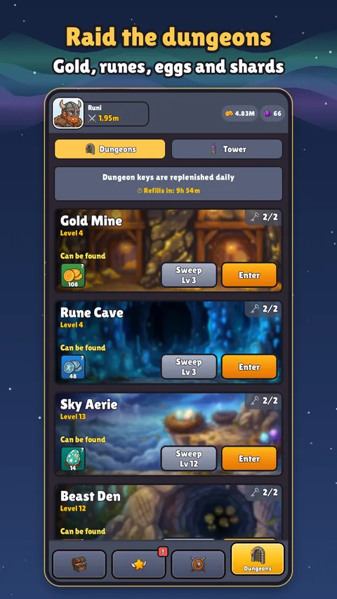 Raid the dungeons for gold, runes, eggs and shards